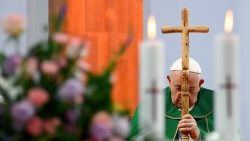 Pope Francis prays at Mass in Mongolia