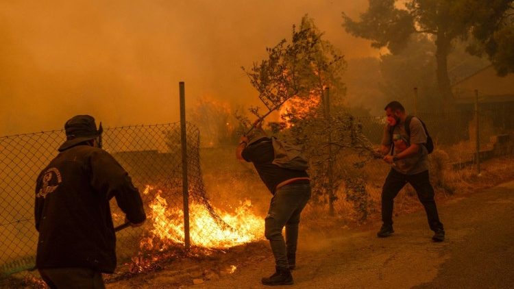 山火事の延焼を食い止めようとする人たち　2024年8月12日　ギリシャ・ペンテリ山周辺