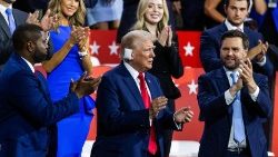 Former US President Donald Trump appears at Republican National Convention in Milwaukee on 16 July following Saturday's shooting.