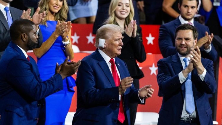 Former US President Donald Trump appears at Republican National Convention in Milwaukee on 16 July following Saturday's shooting.