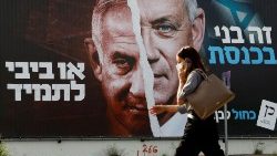  An election campaign banner from March depicting then Israeli Defence Minister Benny Gantz, alongside Israeli Prime Minister Benjamin Netanyahu