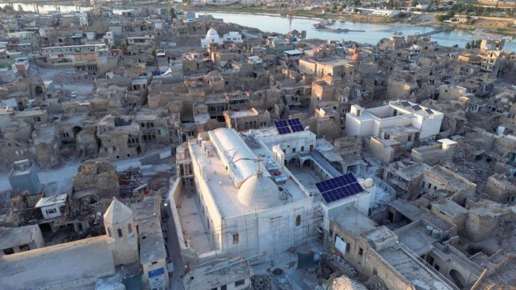 A drone view shows the Al-Tahira Church as rebuilding work continues in Mosul, Iraq