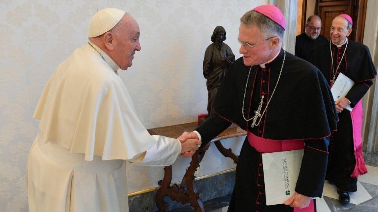 File photo of President of the US Conference of Catholic Bishops, Archbishop Timothy Broglio, with Pope Francis