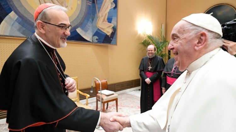 Pope Francis greets Cardinal Pizzaballa during the audience with CELRA bishops