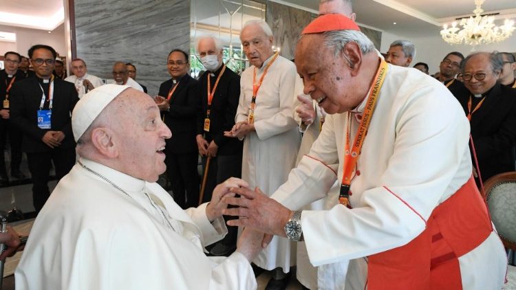 Pope Francis greets Cardinal Julius Riyadi Darmaatmadja, SJ