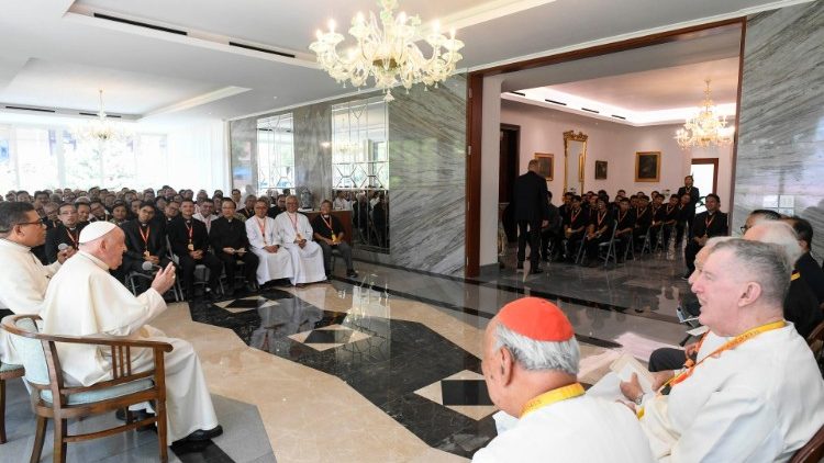 Pope Francis with Jesuits serving in Indonesia