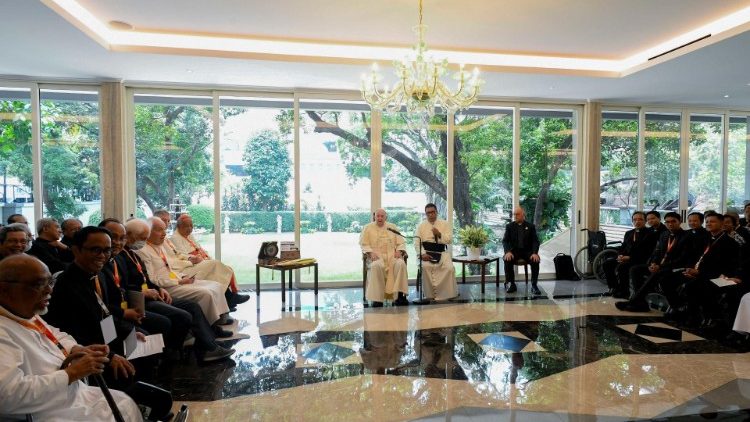 Pope Francis with Jesuits serving in Indonesia