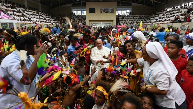 Pope Francis with children at the school