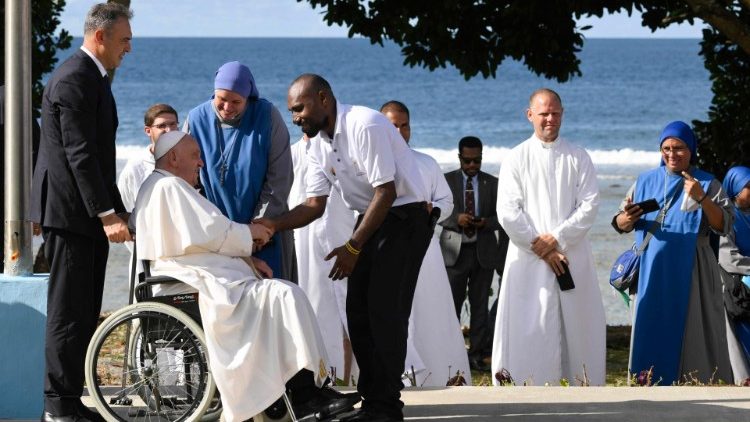 Pope Francis visits a group of missionaries in Vanimo, Papua New Guinea