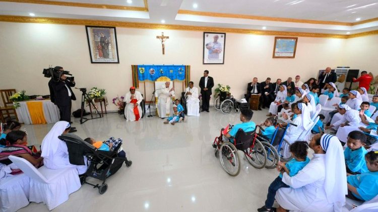 Pope Francis visits a school for disabled children run by Alma Sisters in Dili