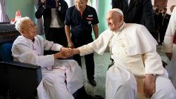 Pope Francis meets a group of elderly and sick people at St. Theresa's Home in Singapore