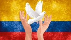 Friedenstaube vor kolumbianischer Fahne