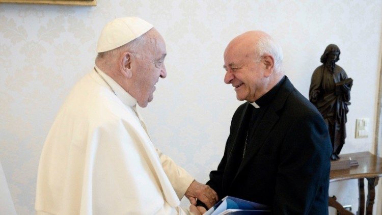 Arcebispo Vincenzo Paglia, Presidente da Pontifícia Academia para a Vida, em audiência com o Papa hoje, 8 de agosto de 2024 (foto © X - Pontifícia Academia para a Vida)