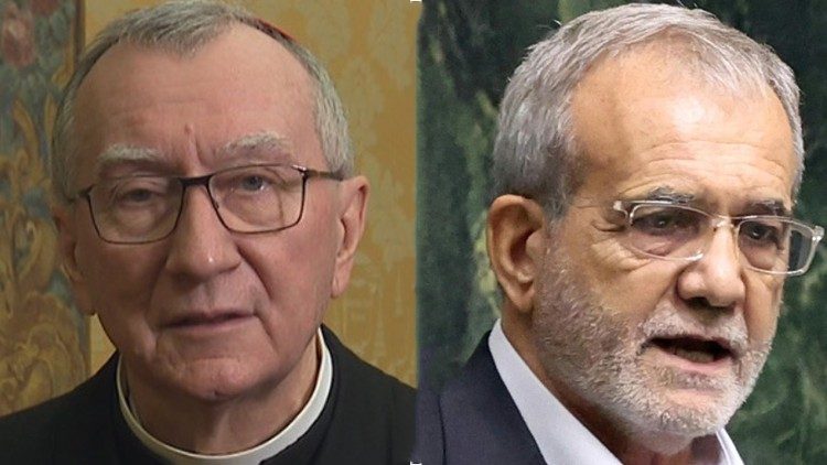 Il cardinale segretario di Stato, Pietro Parolin, e il presidente della Repubblica Islamica dell'Iran, Masoud Pezeshkian