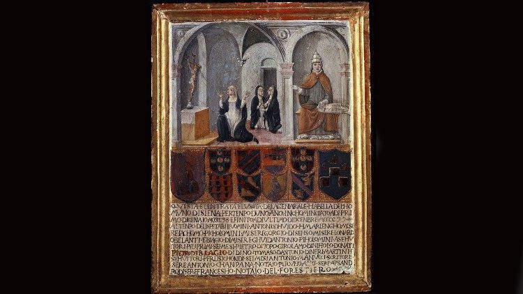 Anonimo senese sec. XV, Santa Caterina da Siena riceve le stimmate e papa Pio II, tavola, cm 50.4 × 38.5, Museo delle Tavolette di Biccherna, Archivio di Stato, Siena