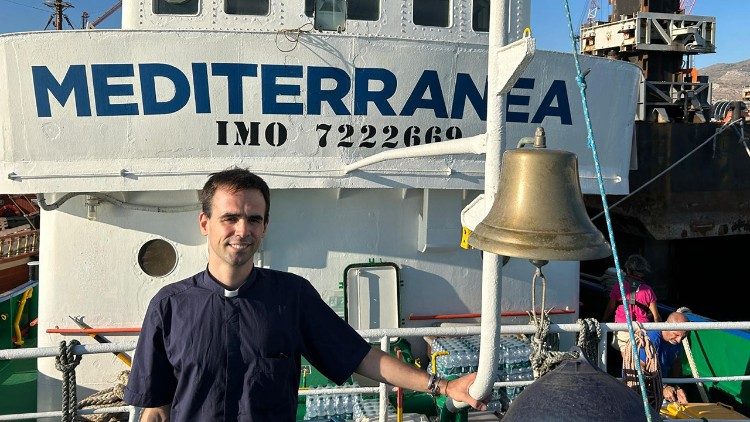 Father Mattia Ferrari on a search-and-rescue mission for Mediterranea Saving Humans.