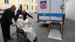 Pope Francis blesses the mobile hospital unit before its departure for Ukraine