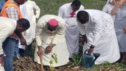 L'archevêque de Cotonou, Mgr Roger Hounbedji, entouré de quelques prêtres, religieuses et fidèles, en train de planter des arbres dans le cadre de la Journée mondiale de l'environnement.