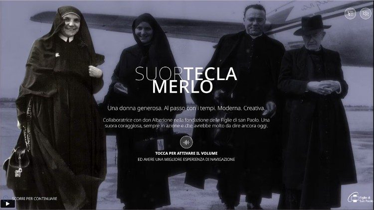 Suor Tecla Merlo (la prima a sinistra), cofondatrice della Congregazione delle FIglie di San Paolo, nella copertina dellio "scrollytelling" sulla sua vita. Il beato don Giacomo Alberione è il primo a destra