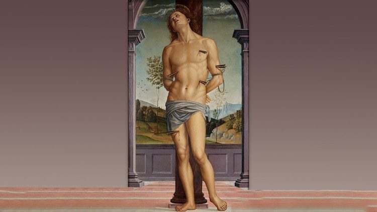 Pietro Vannucci detto il Perugino (Città della Pieve, 1450 ca. – Fontignano, 1523) San Sebastiano, 1495 circa Olio su tavola, 110 x 62 cm Roma, Galleria Borghese