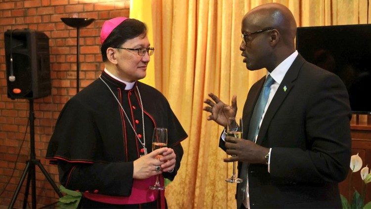 Archbishop Arnaldo Catalan, Apostolic Nuncio to Rwanda with Rwanda's Foreign Minister, Olivier Nduhungirehe