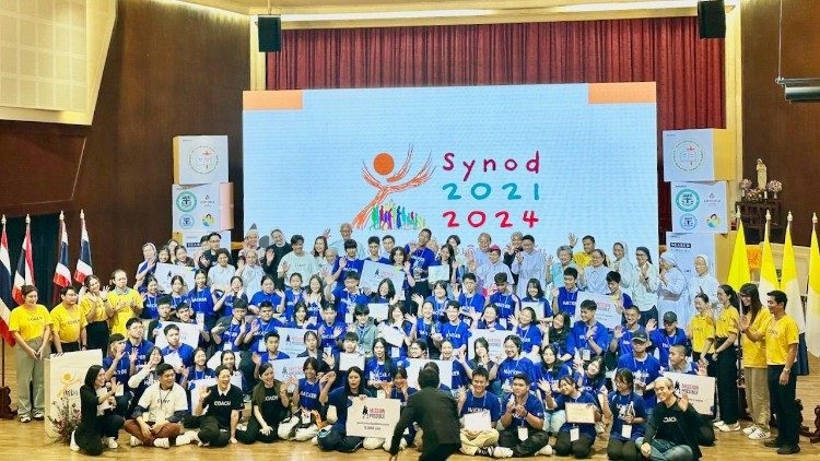 Students from across Thailand pose for a group photo during the Youth Social Hackathon at Mater Dei School in Bangkok from July 12-14, 2024. The event allowed students to brainstorm solutions to societal challenges through the principles of synodality.