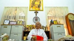 Cardinal Malcolm Ranjith speaks during an interview with AFP in Colombo on April 17, 2024 (Photo by Ishara S. KODIKARA / AFP)