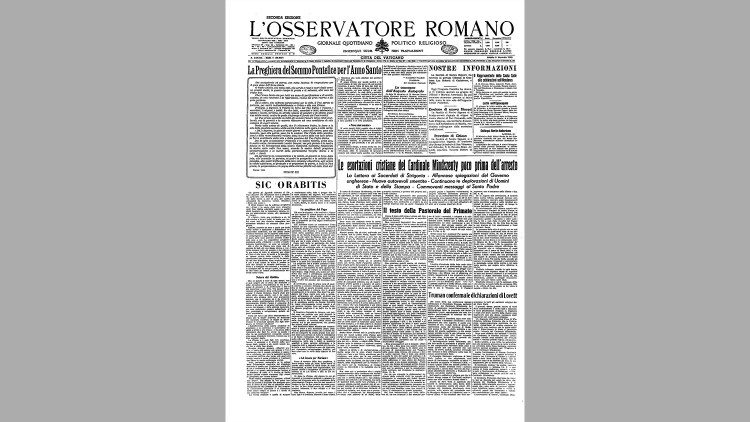 La copertina de L'Osservatore Romano del 1 gennaio 1949 con la preghiera di Pio XII