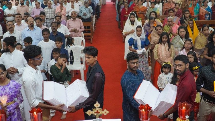 The Bibles carried in procession during the Parish Feast Mass.