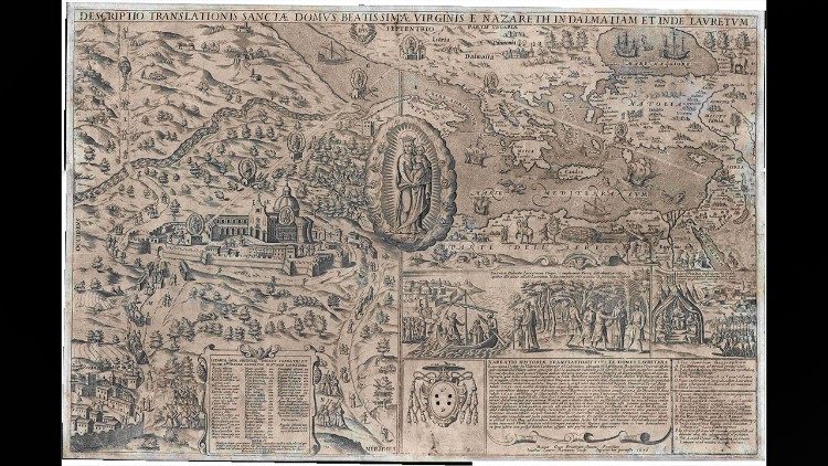 Giacomo Lauro, Descriptio Traslationis Sanctae Domus Beatissimae Virginis e Nazaret in Dalmatiam et inde Lauretum, Roma 1606, Bulino e acquaforte, 46x70 cm  Collezione Antonio Volpini