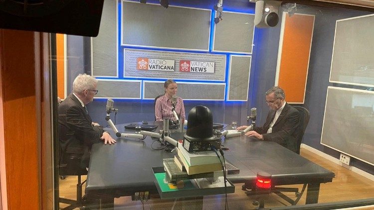 Bishop John Arnold (right) and British Ambassador Chris Trott in the Vatican Radio Vatican News studios. Photo is courtesy of the British Embassy to the Holy See.