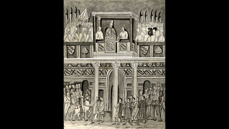 Bonifacio VIII nella loggia delle benedizioni, ms ambrosiana 1622, f. inf 227, Instrumenta Translationum di Jacopo Grimaldi, 1590, copia del disegno acquerellato dal perduto affresco attribuito a Giotto (© Zeri) 