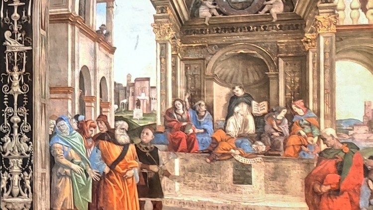 Filippino Lippi, San Tommaso in cattedra (particolare), Cappella Carafa, Santa Maria Sopra Minerva. La statua equestre di Marco Aurelio si scorge a sinistra, sullo sfondo del Laterano,  riproduzione digitale retroilluminate degli affreschi nella mostra “Filippo e Filippino Lippi. Ingegno e bizzarrie nell’arte del Rinascimento” a Villa Caffarelli