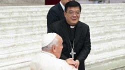 Bishop Joseph Yang Yongqiang of Hangzhou shakes hands with Pope Francis