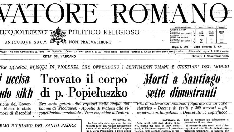 Первая страница "Оссерваторе Романо" от 1 ноября 1984 г.