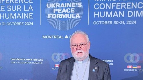 Mgr Paul Richard Gallagher, secrétaire du Saint-Siège pour les relations avec les États, à Montréal (Canada) pour la conférence sur la formule de paix pour l'Ukraine, le 31 octobre 2024. 