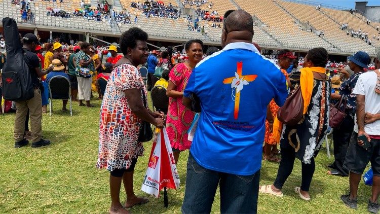 Preparing for the Pope's arrival at Sir John Guise Stadium in Port Moresby