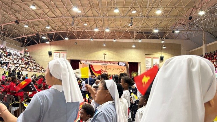 The Caritas Sisters of Jesus attend Pope Francis’ meeting with children at the Caritas Technical Secondary School in Port Moresby