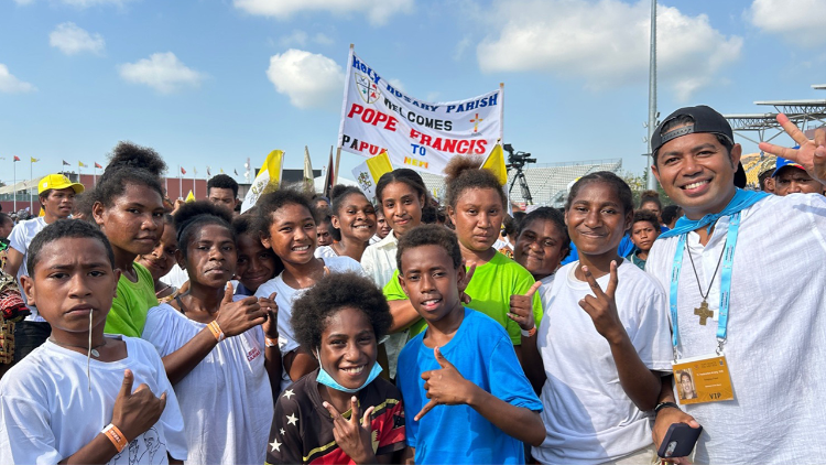 Young people during the meeting with Pope Francis in Port Moresby's Sir John Guise Stadium on Monday