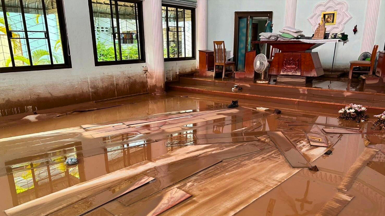 Extensive damage at the chapel of Sisters of St. Paul de Chartres in Chiang Rai. (Photo by Roman Catholic Diocese of Chiang Rai) 