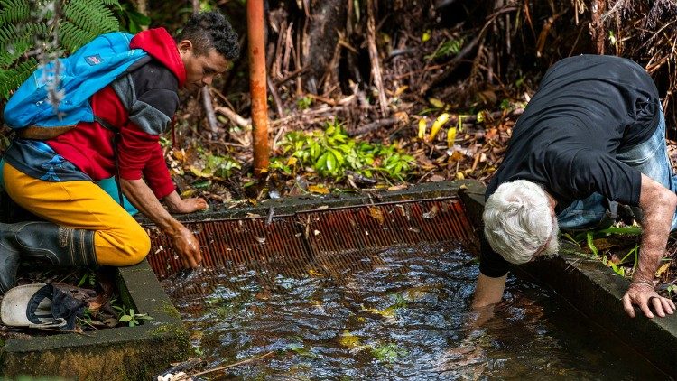 Jeno Almahan (L) and Fr. Pedro Walpole (R) clean a water intake system in the forest, ensuring the flow of clean water for the local community in Bendum, Northern Mindanao (Photo: Mark Saludes)