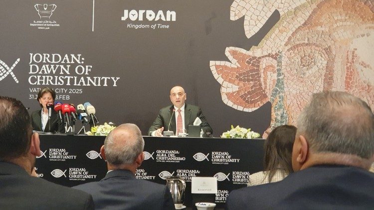 Managing Director of the 'Jordan: Dawn of Christianity' exhibit addresses the press in Amman